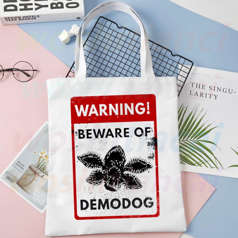 Aidegou13 Waarschuwing Wees op uw hoede voor Demodog Tote Bag Unisex canvas tassen Boodschappentassen Gedrukt Casual schoudertas Opvouwbaar 24*26cm