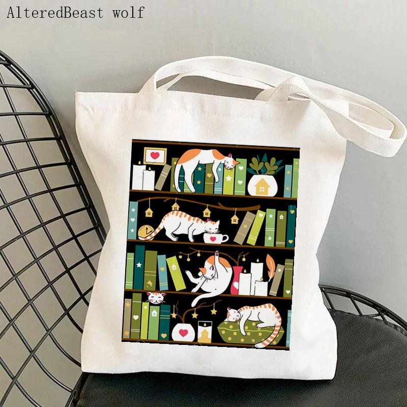 Aidegou13 Vrouwen Shopper Tas Katten op het Boek Gedrukt Kawaii Tas Harajuku Winkelen Canvas Shopper Tas Meisje Handtas Tote Schouder Dame Tas 24*26cm