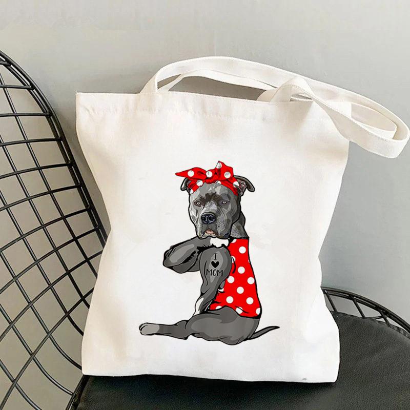 Aidegou13 Shopper Rode Stippen Bandana Pit Bull I LOVE MOM Gedrukt Tote Bag Vrouwen Shopper Meisje Schouder Winkelen Dame Canvas Tas 24*26cm