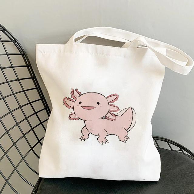 Aidegou13 Kawaii Roze Axolotl Handtas Opvouwbare Herbruikbare Doek Vrouwen Elegante Shopper Harajuku Tas Student Canvas Draagtas Boodschappentas 24*26cm