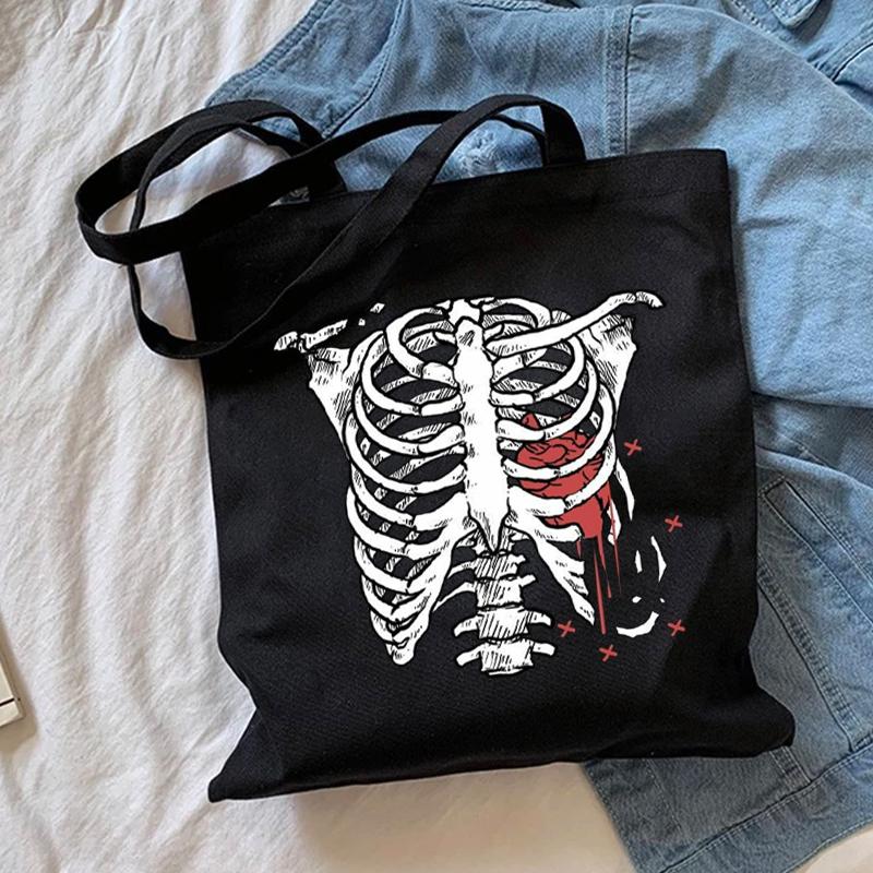 Aidegou15 Zwarte Gothic Anime Skull Bone Print Canvas Bag Casual Ulzzang Grote Capaciteit Kawaii Vrouwen Schoudertas Punk Hip Hop Shopper Bag 24*26cm