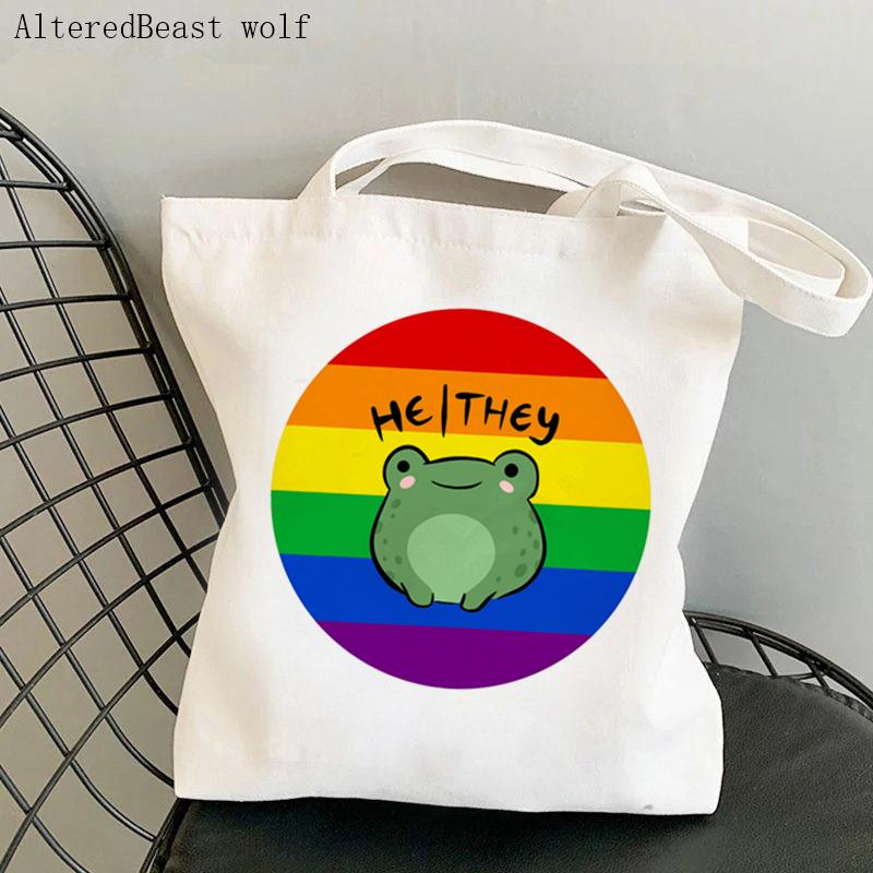 Aidegou15 Vrouwen Shopper Bag Rainbow Pride Hij Ze Voornaamwoord Kikker Tas Harajuku Winkelen Canvas Shopper Tas Meisje Handtas Schouder Dame Tas 24*26cm