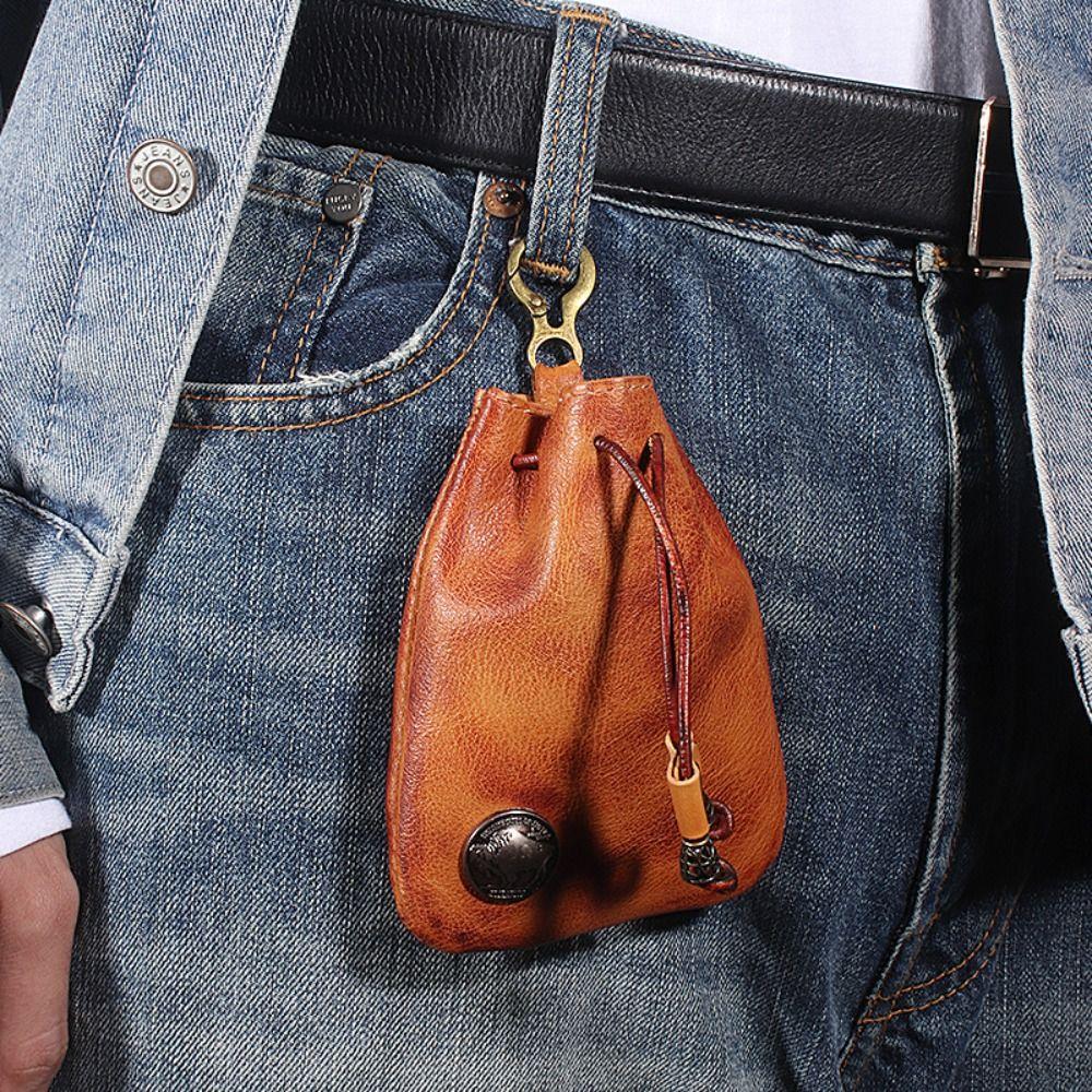 Flycomoe with Keyring Hanging Money Bag Leather Drawstring Wallet Genuine Leather Coin Purse  Men koffie