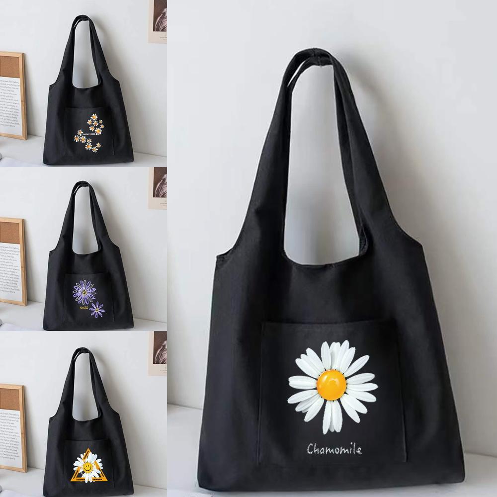 Aidegou15 Daisy Serie Canvas Vest Tas Vrouwen Boodschappentassen Hoge capaciteit Forens Tote Bag Supermarkt Kruidenier Handtassen Student School Bag 32*35cm zwart