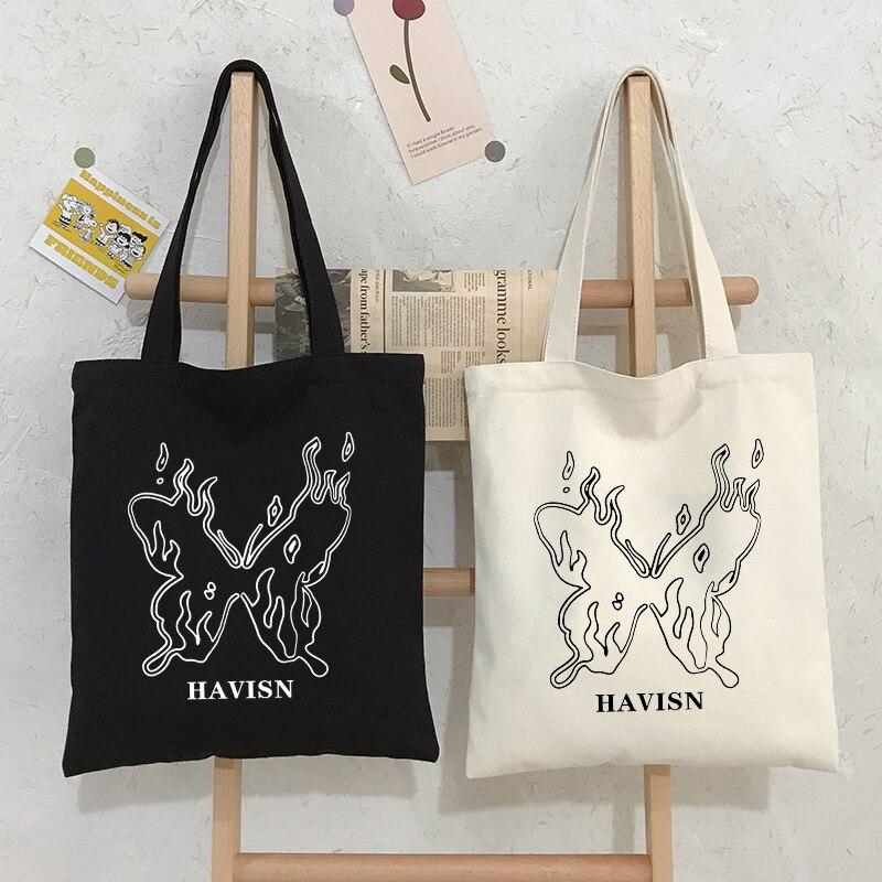 Iaidegou-2 Gothic Vlinder Canvas Tas Print Casual Ulzzang shopper Punk Vintage Vrouwelijke Harajuku Hip Hop Grote Capaciteit Schoudertassen 24*26cm zwart