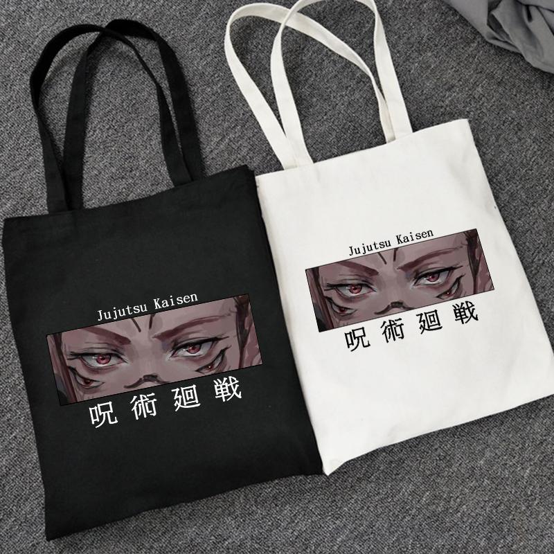 Iaidegou-2 Japanse anime Jujutsu Kaisen canvas tas casual Harajuku vrouwen tas grote capaciteit Vintage shopper tas punk vrouwen schoudertassen 24*26cm zwart