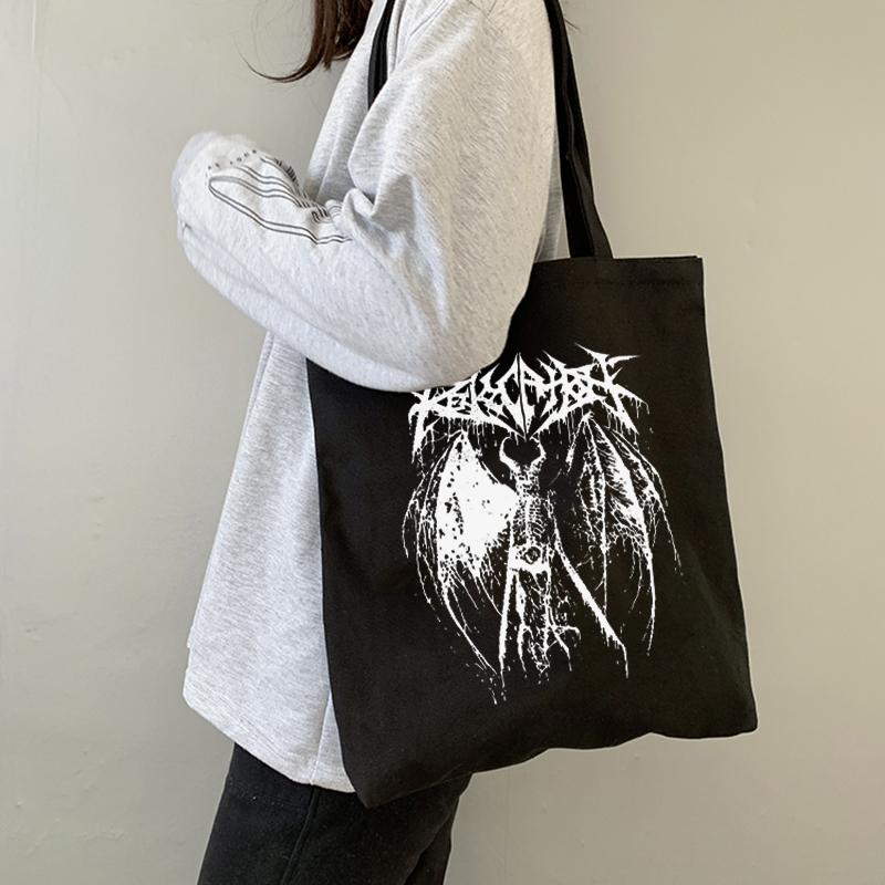 Iaidegou-2 Gothic duivel canvas tassen Ulzzang casual punk grote capaciteit nieuwe Harajuku shopper tas vrouwen tas hiphop donkere vrouwen schoudertassen 24*26cm zwart