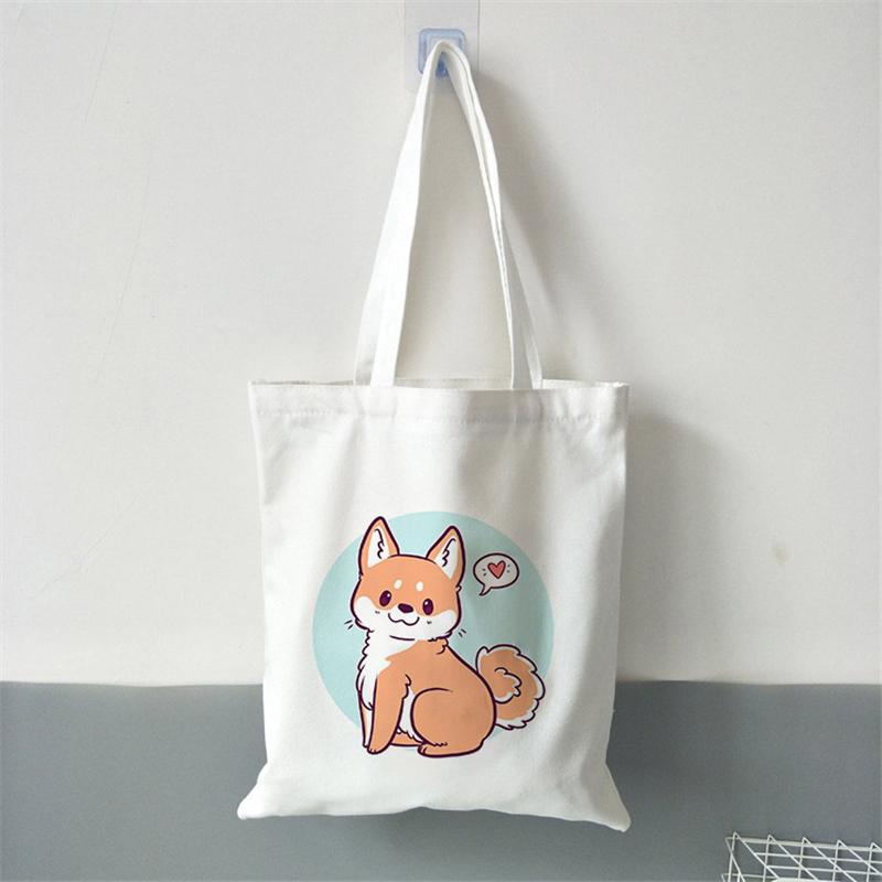 Iaidegou-2 Herbruikbare boodschappentassen Leuke Corgi Dames Canvas Schoudertas Grote Vrouwelijke Strand Tote Bag Eco Handtas Dames Boodschappentas 24*26cm