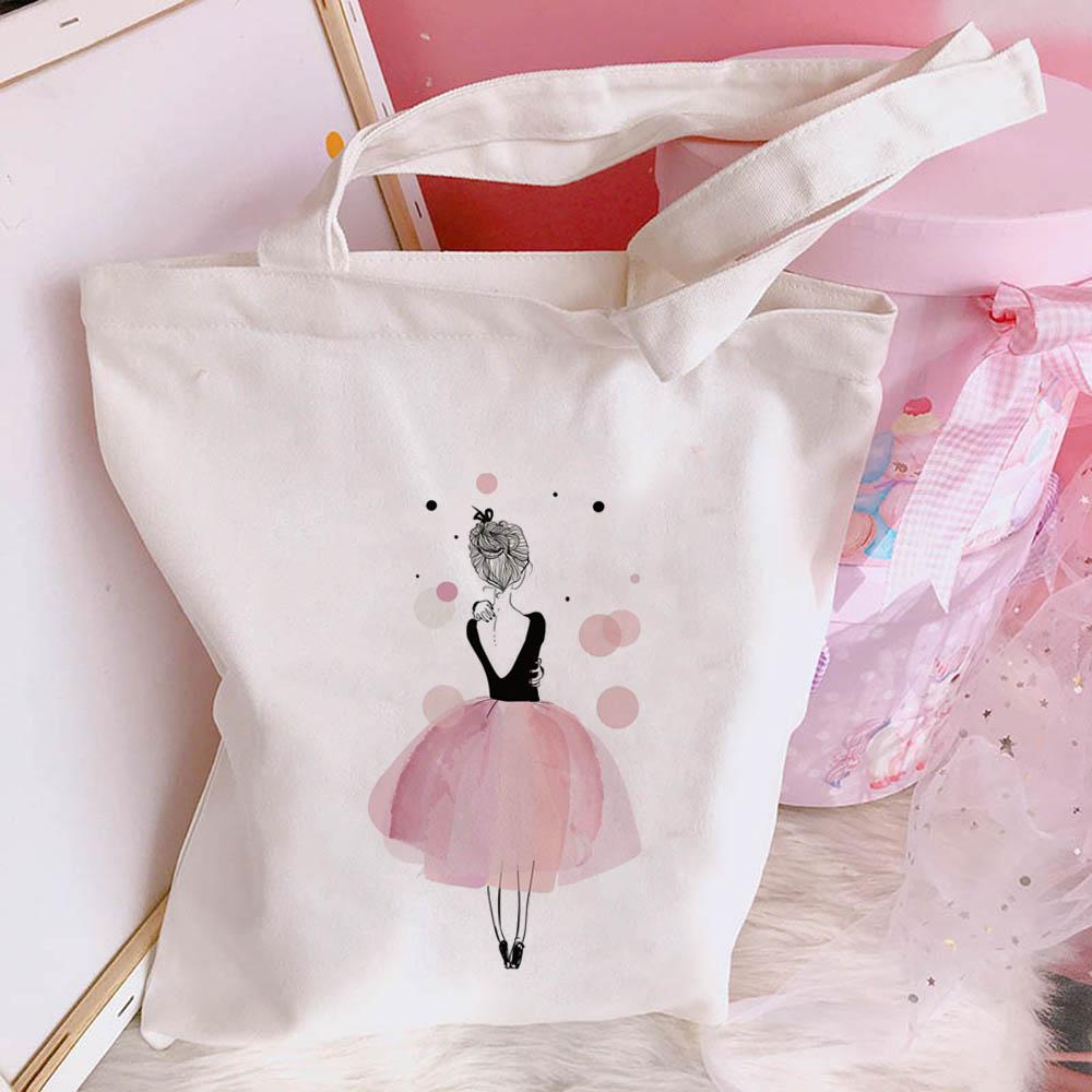 Aidegou16 Nieuwe Dames Casual Canvas Tas Roze Ballet Dans Meisje Print Boodschappentas Dame Handtas Herbruikbare Grote Capaciteit Tote Bags 24*26cm