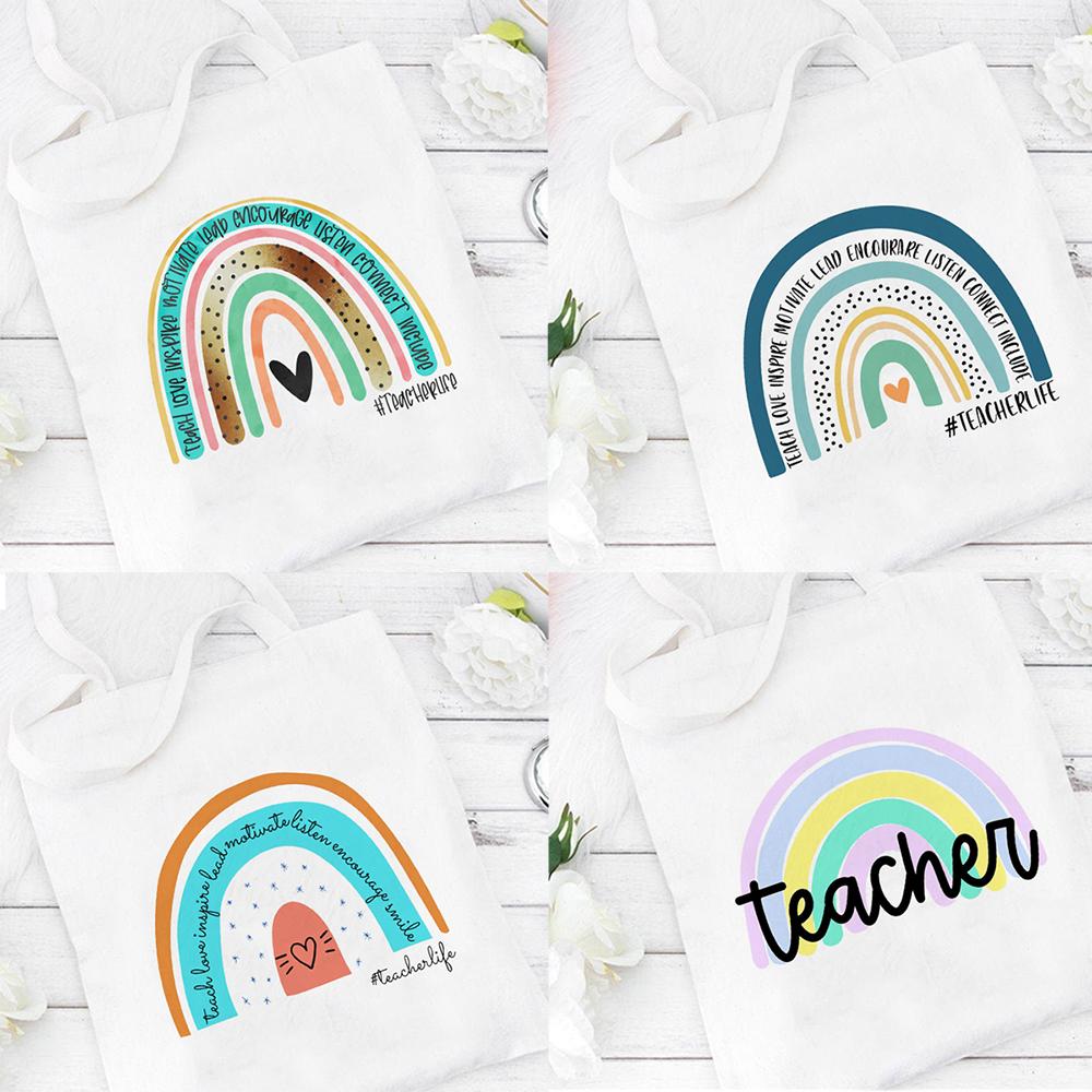 Aidegou16 Leraar Regenboog Luipaard Print Canvas Boodschappentas Cadeau voor Leraren Mode Dames Schoudertassen Boekentas Herbruikbare Grote Capaciteit 24*26cm