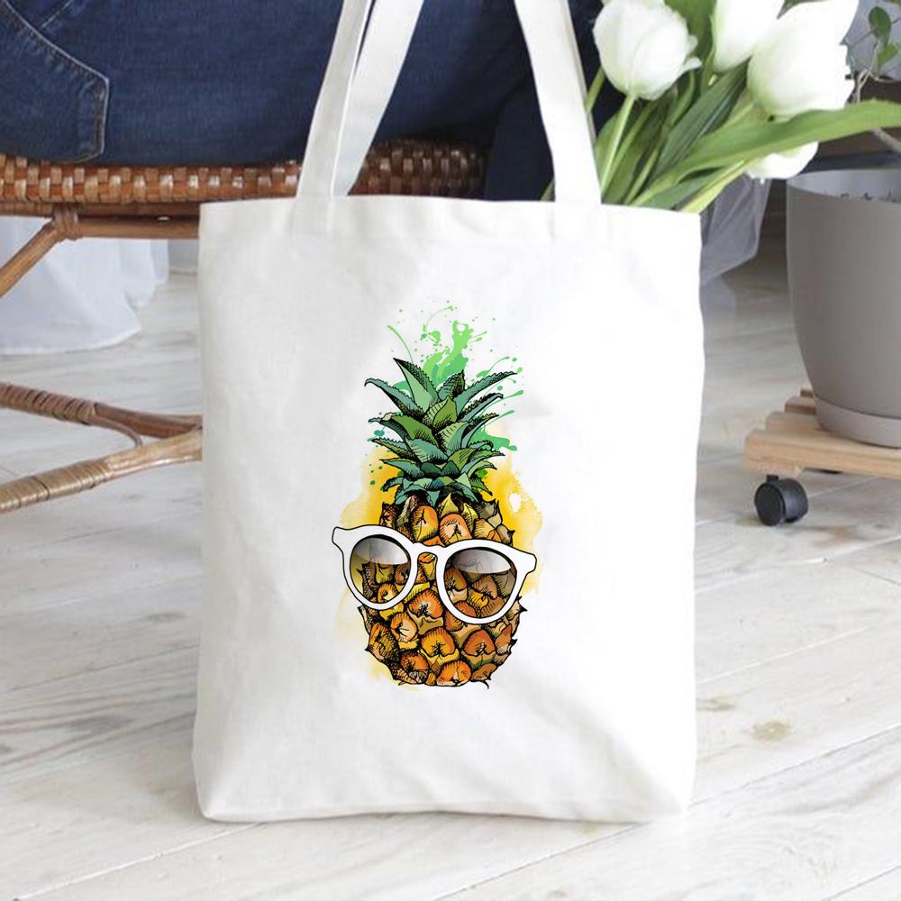 Aidegou16 Mode boodschappentas ananas pizza print witte bakken canvas boek schoudertas eco herbruikbare reisopbergtas studenten cadeau 24*26cm