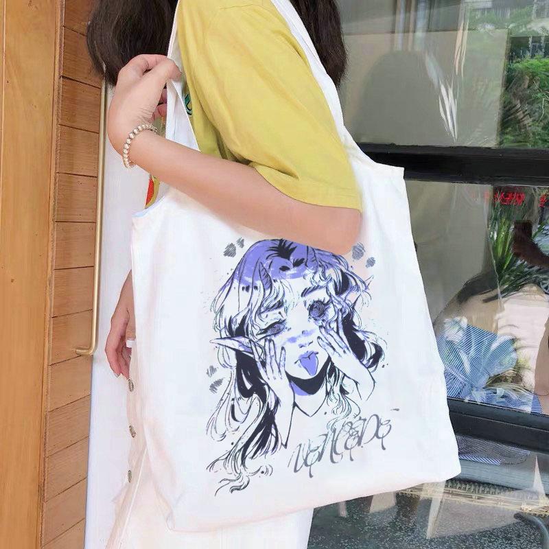 Aidegou16 Anime vrouwen tas ins Harajuku cartoon Y2K shopper tas casual punk grote capaciteit Ulzzang canvas tas streetwear schoudertassen 24*26cm zwart