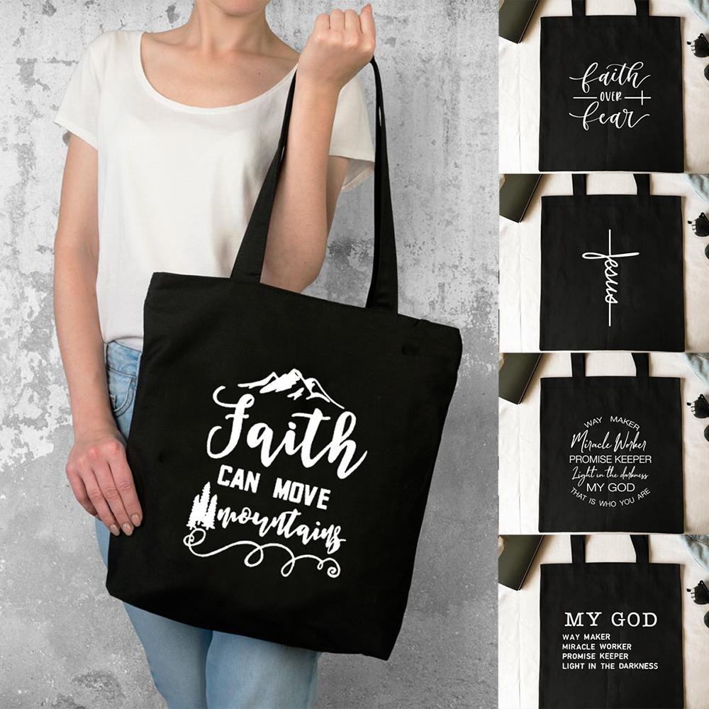 Aidegou17 Geloof kan verplaatsen Mountain Canvas Tote Shopping Bag Opvouwbaar Herbruikbaar Mijn God Jezus Geloof Over Angst Vrouwen Shopper Student Book Tassen 24*26cm