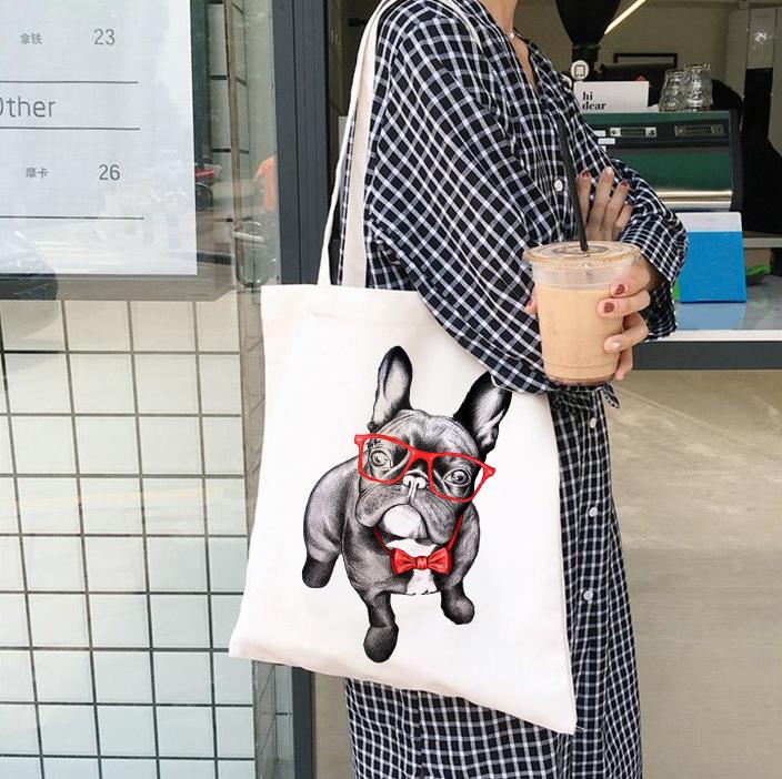 Aidegou17 Franse Bulldog Tas Dames Handtassen Doek Canvas Tote Hondenliefhebber Tas Winkelen Reizen Vrouwen Eco Herbruikbare Schouder Shopper Tassen 24*26cm