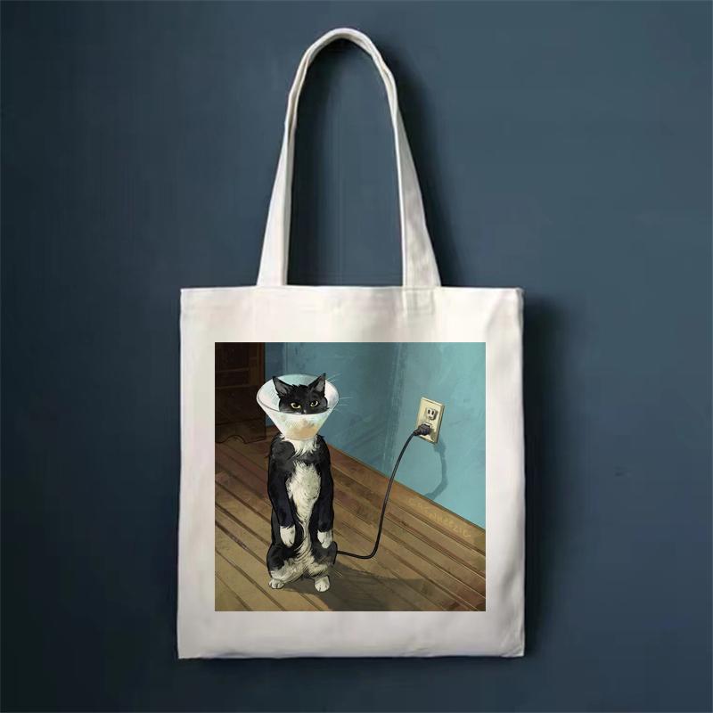 Aidegou19 Shopper tas leuke cartoon kat print vrouwen casual canvas boodschappentas tote tas grote capaciteit eco bagreusable schoudertas handtas 24*26cm