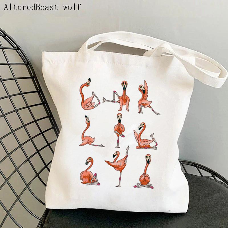 Aidegou19 Vrouwen Shopper tas Flamingo Yoga Gedrukt Kawaii Tas Harajuku Winkelen Canvas Shopper Tas meisje handtas Tote Schouder Dame Tas 24*26cm