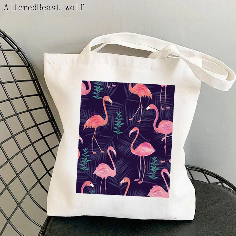 Aidegou19 Vrouwen Shopper tas Flamingo Bladeren Flamingo Tekening Tas Harajuku Winkelen Canvas Shopper Tas meisje handtas Tote Schouder Dame Tas 24*26cm