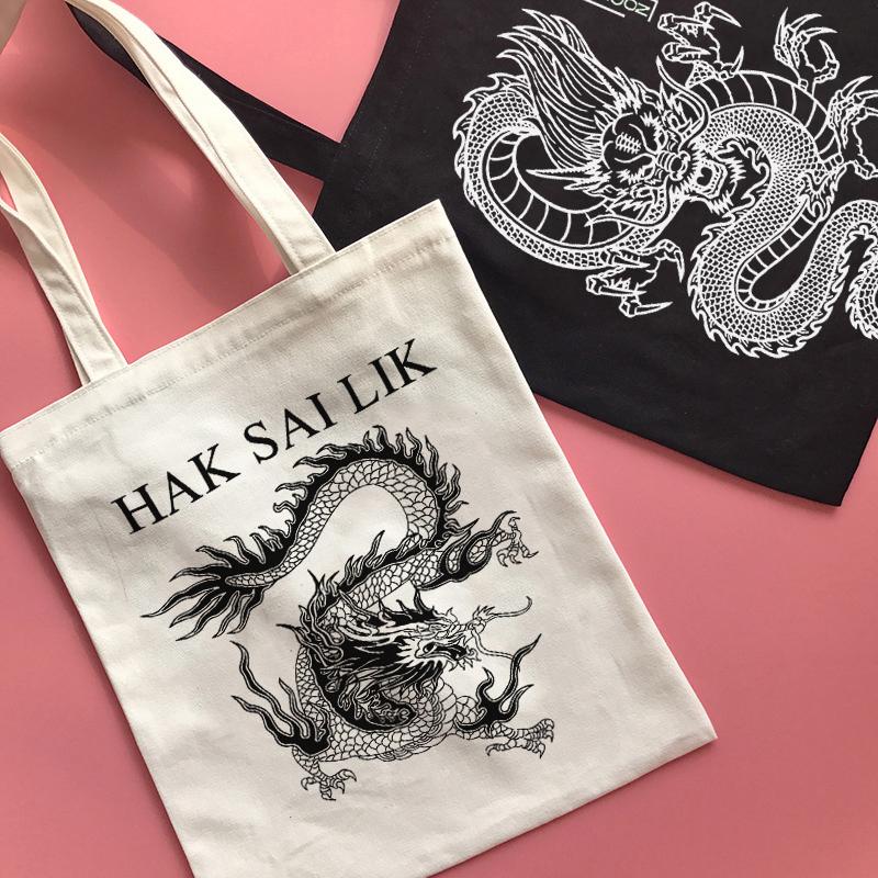 Aidegou19 Vrouwen Tas Draak Print Canvas Tas Shopper Bag Harajuku Y2k Grote Capaciteit Punk Gothic casual Cartoon Vrouwen Schoudertassen Handtas 24*26cm