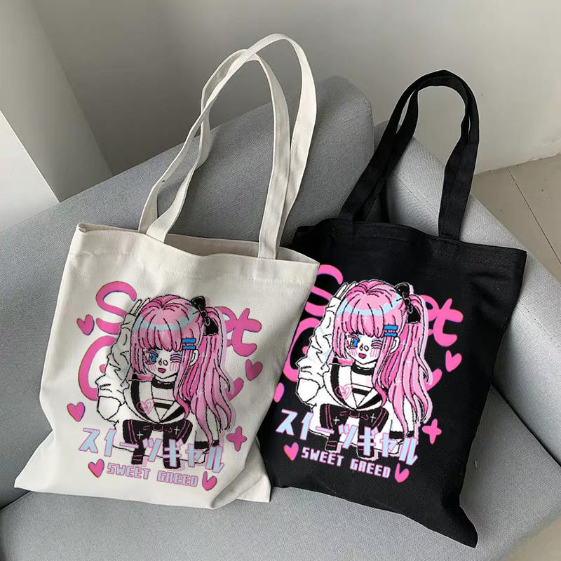 Aidegou19 Japanse Cartoon Anime Print Tas E-Meisje Gothic Harajuku Fashion Casual Vrouwen Schoudertas 2022 Nieuwe Shopper Canvas tas Kawaii 24*26cm zwart