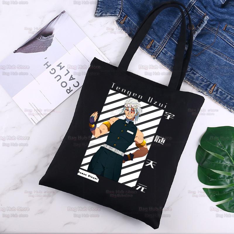 Aidegou19 Imetsu No Yaiba Canvas Zwart Shopping Tote Bag Tengen Uzui Demon Slayer Herbruikbare Schouderdoek Boek Tas Handtas 24*26cm