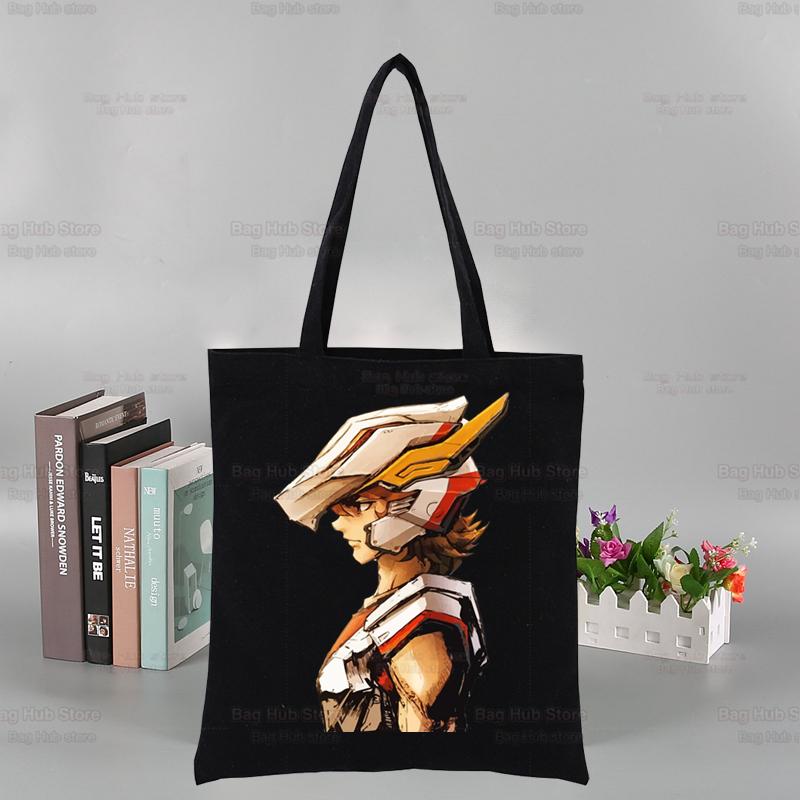 Aidegou19 Ridders van de dierenriem aangepaste draagtas winkelen zwart Unisex reizen Saint Seiya canvas tassen Eco opvouwbare Seya anime shopper tas 24*26cm