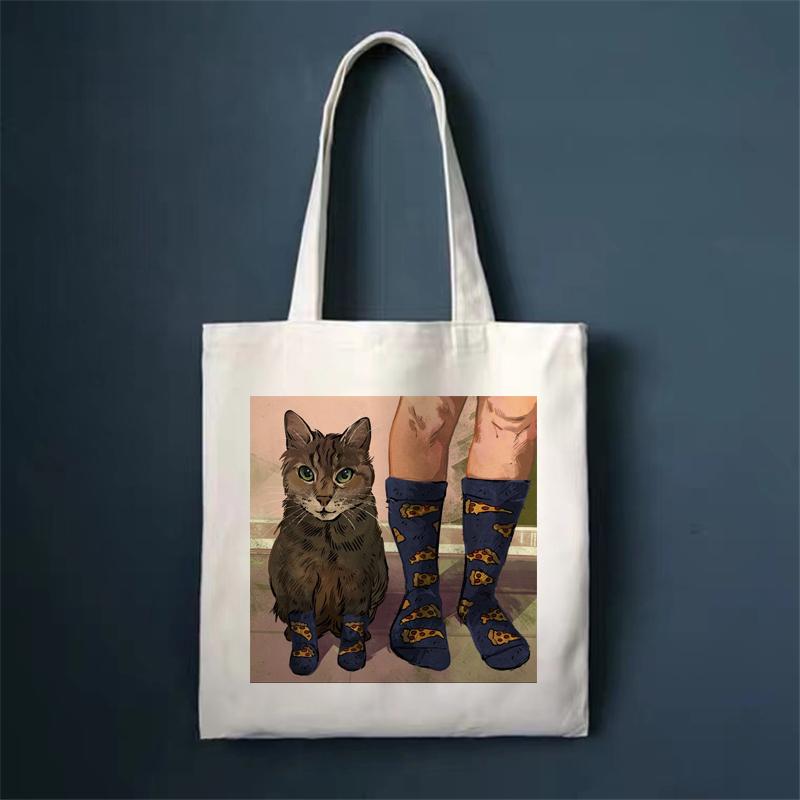 Aidegou19 Nieuwe grappige sokken kat print shopper tassen handtassen schoudertassen hoge capaciteit opvouwbare vrouw boodschappentassen canvas tas draagtas 24*26cm