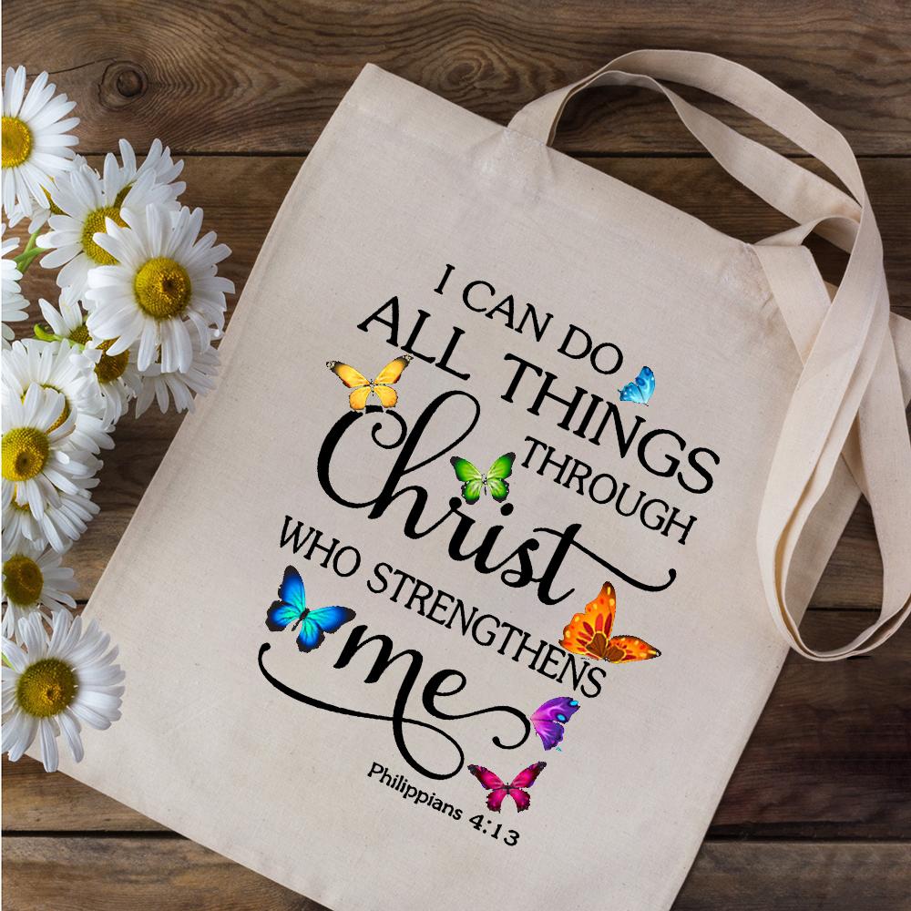 Aidegou20 Christian Tote Bag Retro Kerktas Vlinder Herbruikbare draagtas Geloof Gebaseerde Geschenken Religieuze Bijbelvers Tas God Jezus Bundel 24*26cm