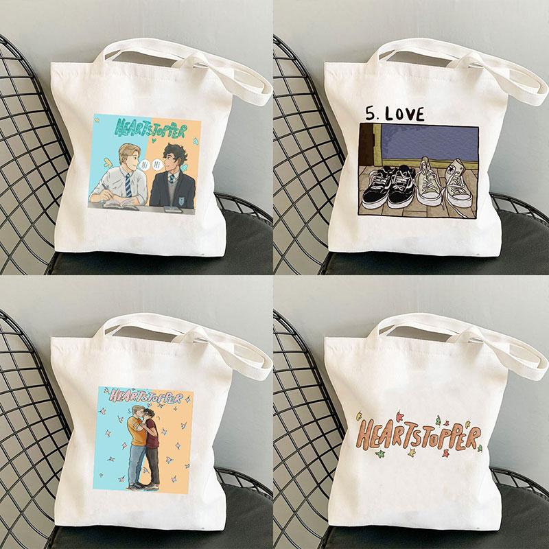 Aidegou20 Heartstopper Boodschappentas Katoenen Jute Tas Shopper Bag Cartoon Handtas Tote Kruidenier Bolsas Herbruikbare Leuke Tas Kawaii Tv Show 24*26cm