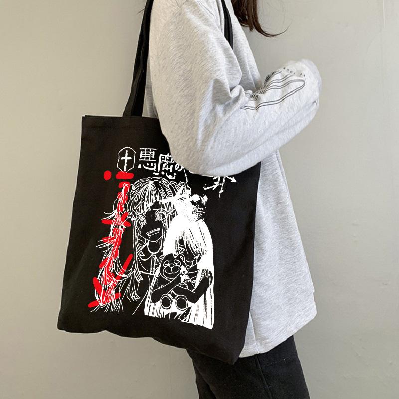 Aidegou20 Harajuku Punk Maiden Gedrukt Zwarte Canvas Tas Gotische Stijl Anime Shopper Grote Capaciteit Vintage Damestas Handtas Schoudertas 24*26cm zwart