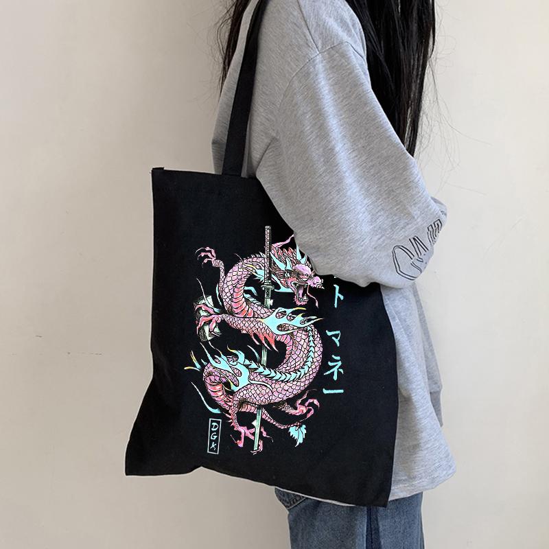 Aidegou20 Japanse Gothic Dragon Anime Print Punk Canvas Tas Harajuku Y2K Shopper Tassen Grote Capaciteit Vintage Cartoon Dames Schoudertas 24*26cm