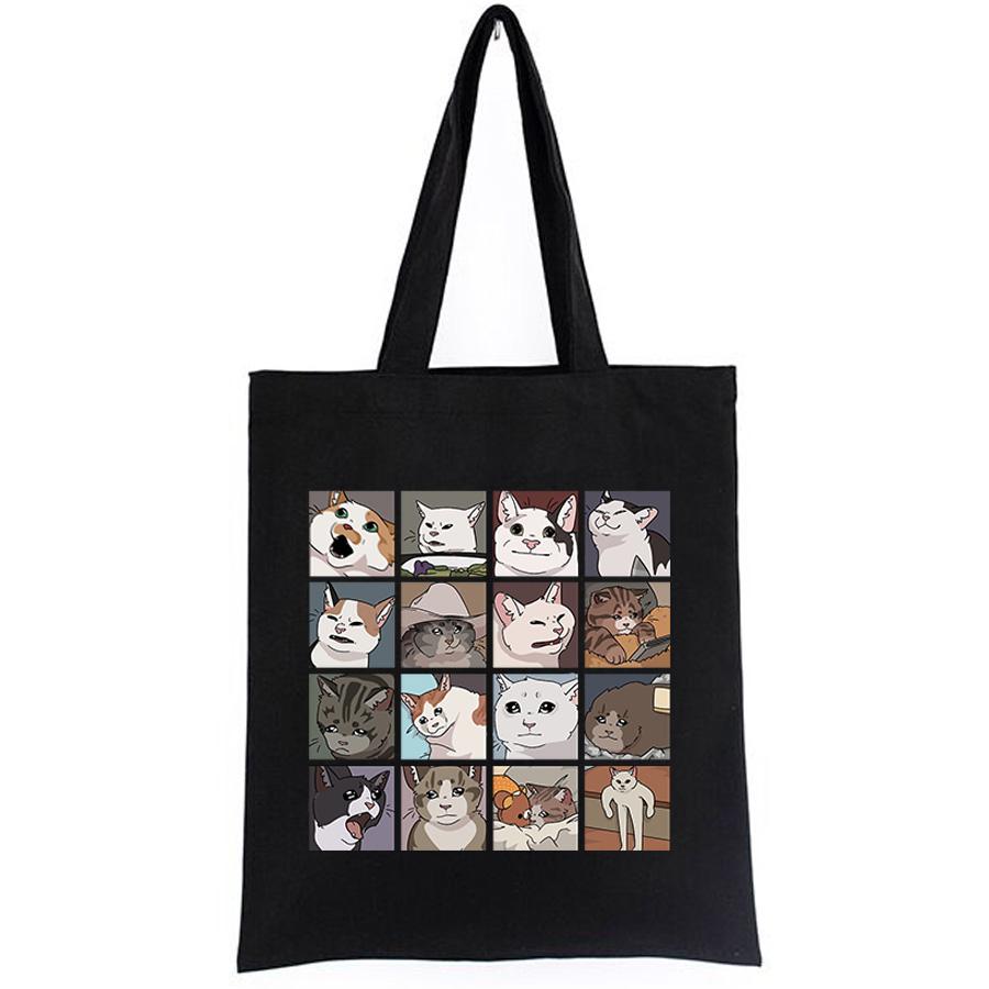 Aidegou20 Meme Katten Puzzel Boodschappentassen Voor Vrouwen Harajuku Print Mode Koreaanse Vintage Canvas Tote Nieuwe Handtassen Grote capaciteit 24*26cm beige