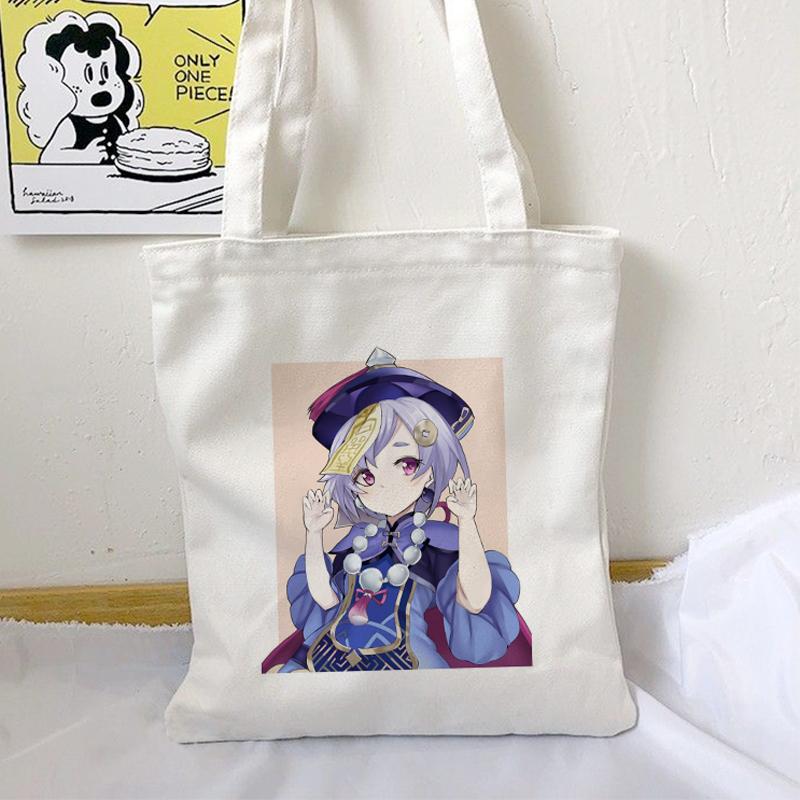 Iaidegou-9 Shopper Genshin Impact Qiqi Anime Boodschappentas Harajuku Canvas Tas Grote Capaciteit Opvouwbare Kawaii Vrouwen Schoudertas Handtas 24*26cm