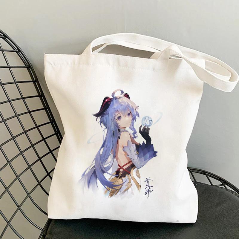 Iaidegou-9 Dames canvas handtas Game Genshin Impact Anime Tote Bag Shopper Bags Boodschappentas Schoudertas Grote capaciteit Herbruikbare Eco-tassen 24*26cm