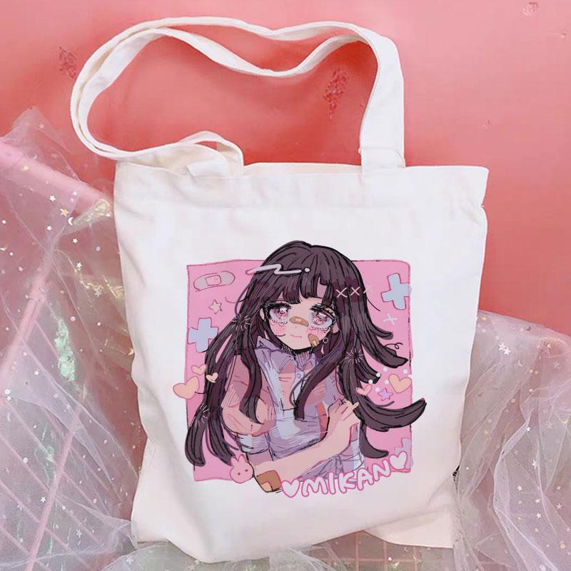 Aidegou27 Leuke Mikan Tsumiki Print Vrouwelijke Winkelen Canvas Tote Casual Grote Capaciteit Ulzzang Cartoon Vrouwen Tas 2021 Harajuku Schoudertassen 24*26cm