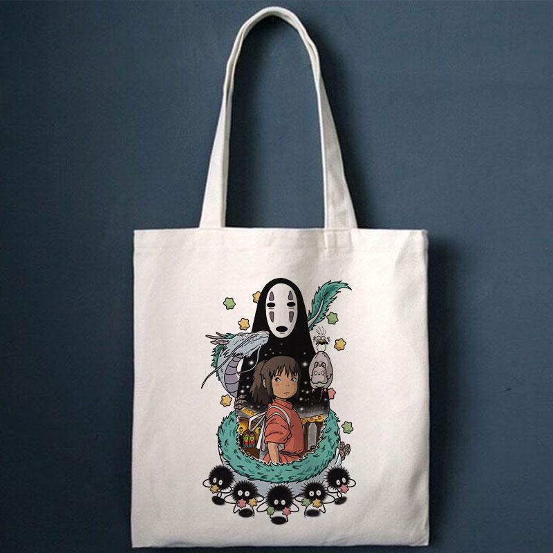 Aidegou28 Spirited Away Faceless Print Casual Harajuku Dames Schoudertas Canvas Tas Grote Capaciteit Tote Cartoon Herbruikbare Dames Boodschappentassen 24*26cm