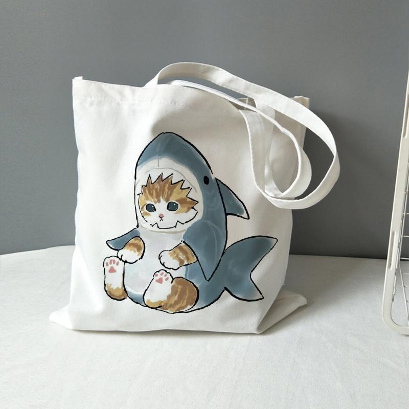 Aidegou30 Harajuku Kawaii Kat Shark Y2k Schoudertas Mode Casual Vrouwen Canvas Tas Cartoon Grote Capaciteit Rits Vrouwen Tas Shopper tassen 24*26cm