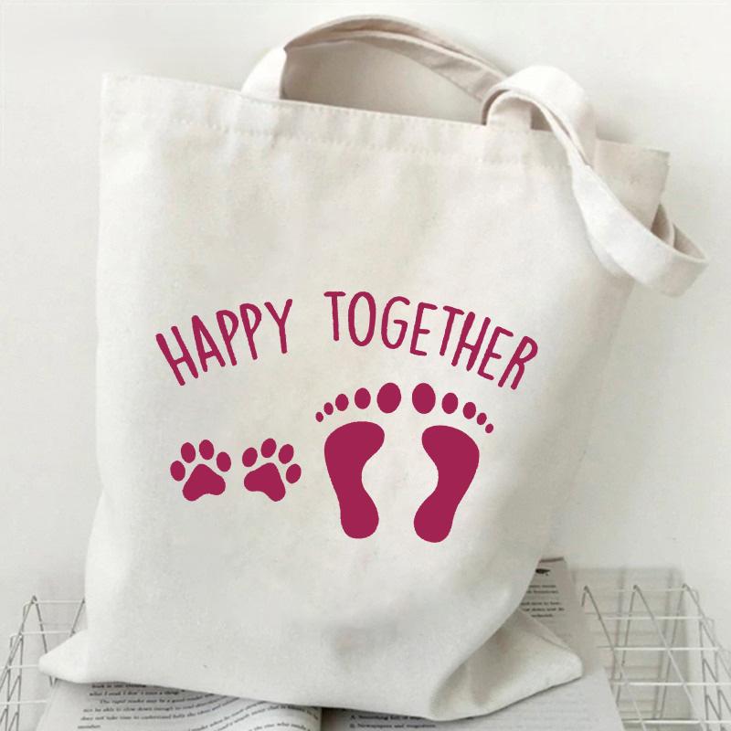 Aidegou30 Casual Tote Bags Vrouwen Gelukkig Samen footprint Hond Poot Print Canvas Shopper Bag opvouwbare Boodschappentas Harajuku Schoudertas 24*26cm