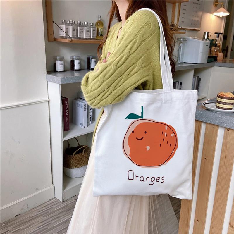 Aidegou2 Harajuku Cartoon Oranje Print Boodschappentas Leuke Handtas Witte Handtas Schoudertas Casual Handtas Dames Milieu Canvas Tas 24*26cm