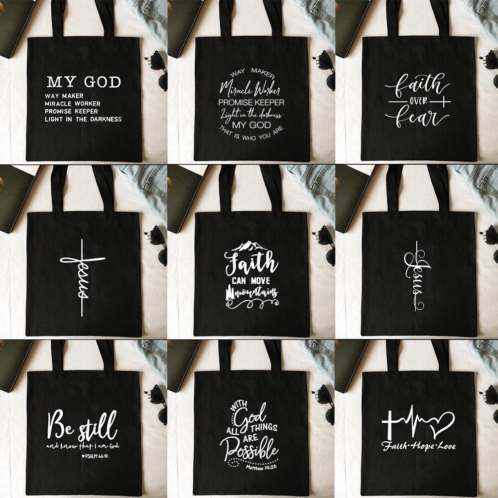 Iaidegou-4 Geloof kan verplaatsen Mountain Canvas Tote Shopping Bag Opvouwbaar Herbruikbaar Mijn God Jezus Geloof Over Angst Vrouwen Shopper Student Book Tassen 24*26cm