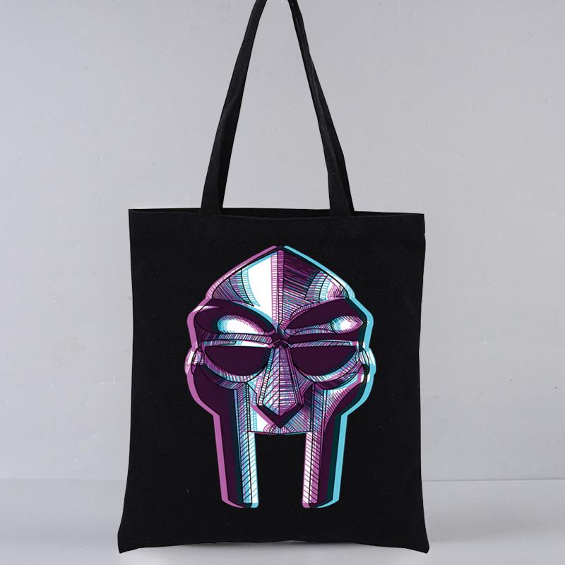 Aidegou32 MF Doom Rapper Gladiator Madvillain Mode Winkelen Zwarte Zakken Canvas Draagtas Herbruikbare Doek Tas Handtas Schoudertassen 24*26cm