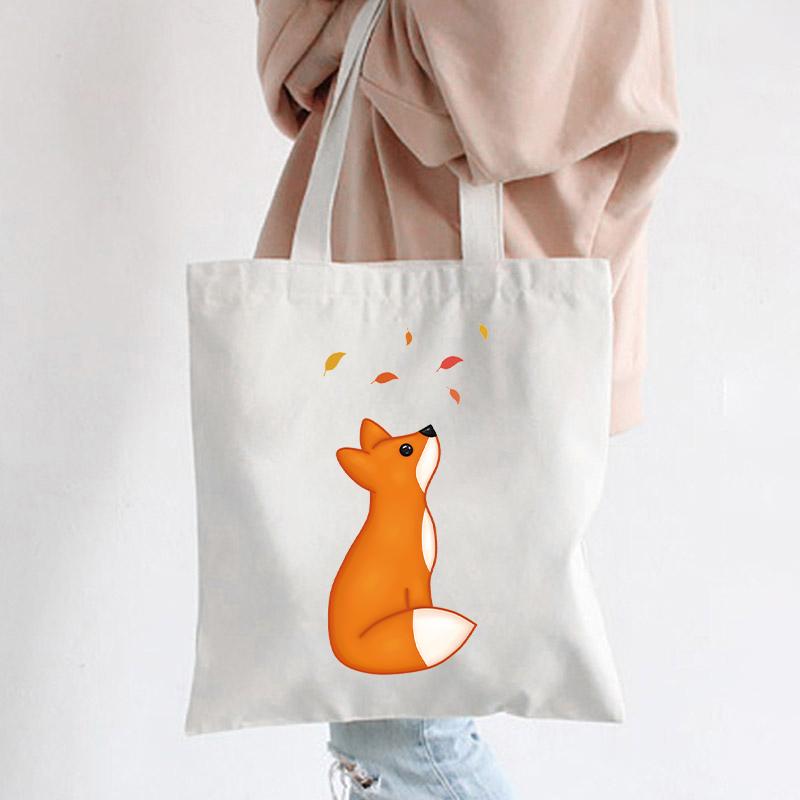 Aidegou32 Herbruikbare boodschappentassen Dames Fox Graphics Eco Tote Bags Canvas Boekentas Vrouwelijke Opvouwbare Shopper Tas Mode Schoudertas Handtas 24*26cm