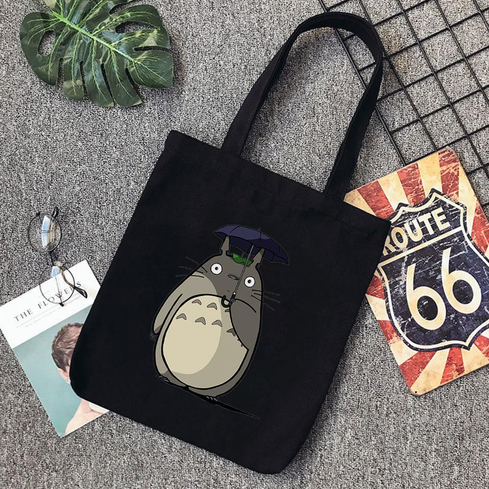 Aidegou17 Fat Totoro Leuke Print Herbruikbare Boodschappentas Dames Tote Bags Afdrukken Eco Bag Cartoon Shopper Vintage Zwarte Schouder Canvas Tassen 24*26cm