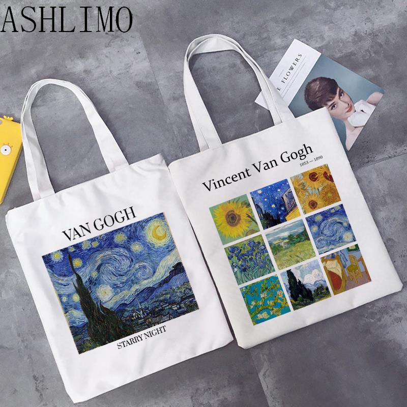 Aidegou17 Van Gogh schilderij shopper tas harajuku vrouwen boodschappentas canvas shopper tas meisje tote tas schouder dame tas 24*26cm