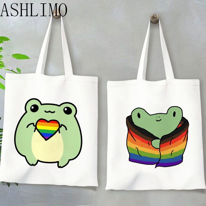 Aidegou17 Tote Schouder Dame Tas Leuke Tas Rainbow Pride Kikker Gedrukt Vrouwen Shopper Bag Harajuku Winkelen Canvas Strandtas Grote handtas 24*26cm