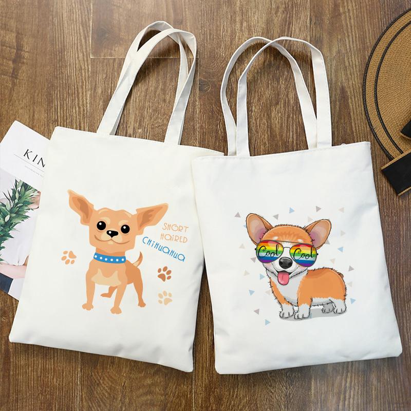 Aidegou17 Schattige puppy afdrukken herbruikbare boodschappentas dames canvas handtas draagtassen cartoon bolsa de compras kawaii shopper schoudertassen 24*26cm