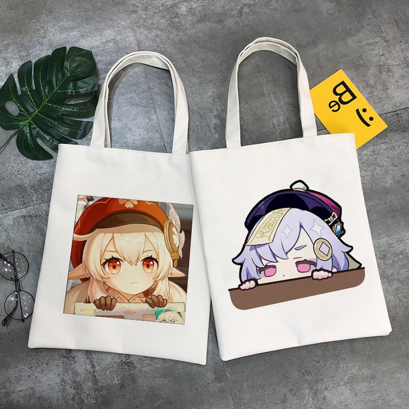 Aidegou17 Kawaii Anime Tassen Genshin Impact Game Print Canvas Shopper Tas Boodschappentassen Handtassen Schoudertas Handtas Eco-tas met hoge capaciteit 24*26cm