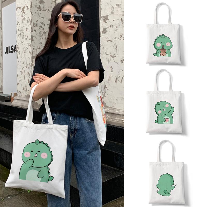 Iaidegou-4 Kawaii Skateboard Kikker Dinosaurus Boodschappentas Herbruikbare Canvas Shopper Tas Tote Bag Handtas Dames Vrouwelijke Katoenen Doek Schoudertas 24*26cm