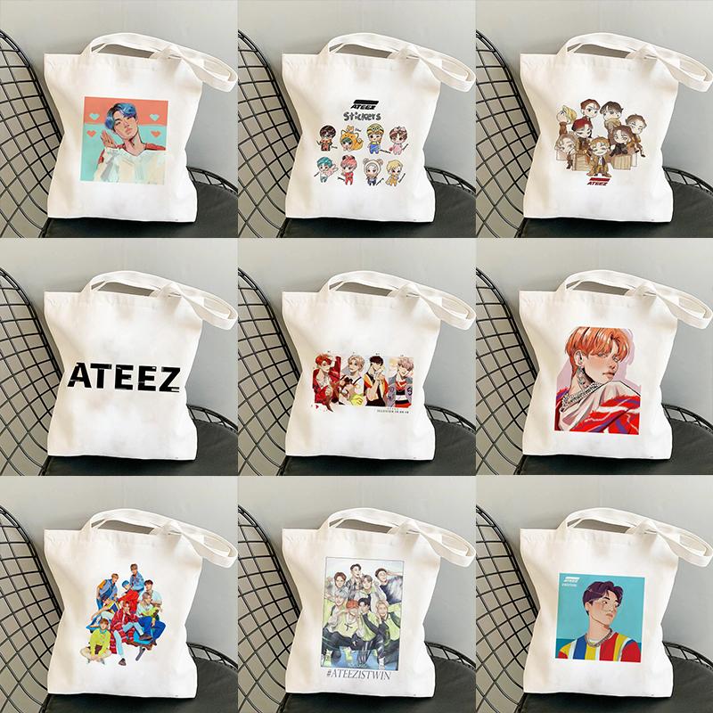 Iaidegou-4 Shopper Tas Korea Ulzzang ATEEZ Kpop Combinatie Hip Hop Hipster Print Boodschappentassen Eco Canvas Fans Draagtas Pacakge Handtas 24*26cm