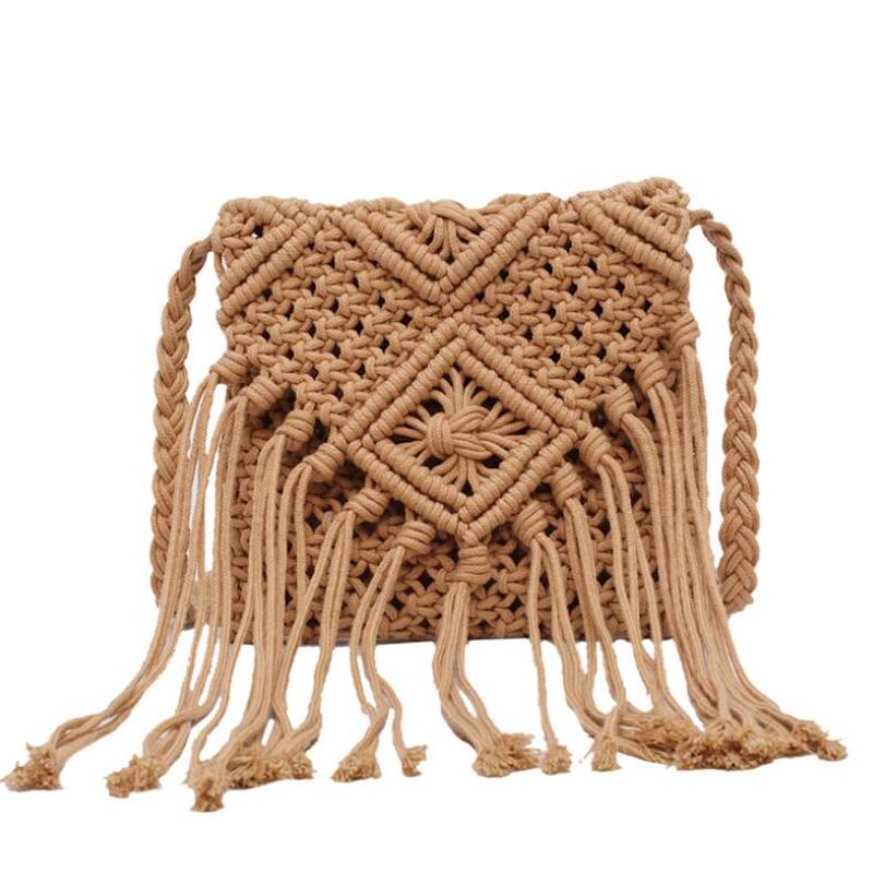 Handmade Charm Bag Zachte katoenen strotas voor Lady Crossbody Bag Breien Kwastje Portemonnee Schoudertas Strand 20*18cm beige