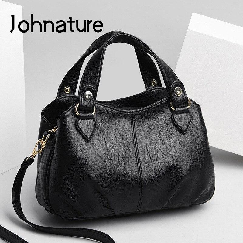 Johnature Women Bag Fashion Multi Layer Large Capacity Schouder & Crossbody Tassen Veelzijdige Zachte Pu Lederen Handtas zwart